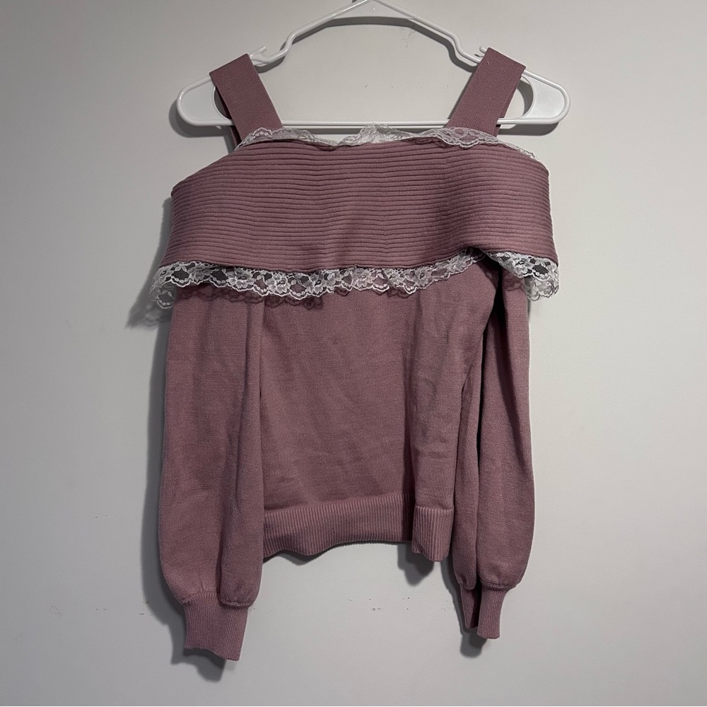 NWOT Ank Rouge Pink Off-Shoulder Sweater with Lace Trim Small - Picture 3 of 3